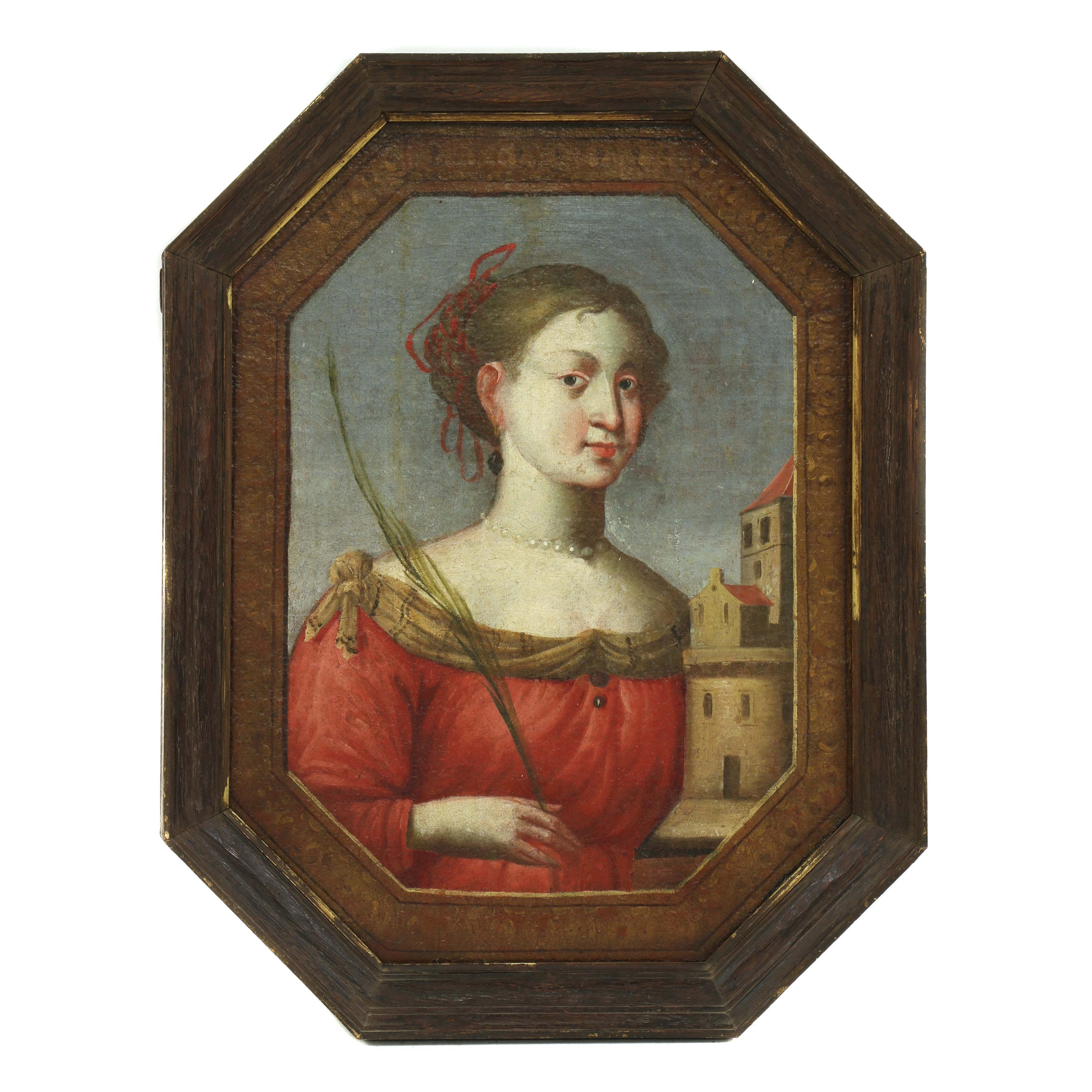 North Italian School, early 17th century, St Barbara holding a palm frond, the tower beyond